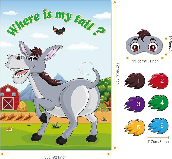 NEBURORA Pin The Tail on The Donkey, Party Game with 30 Pcs Tails for Kids Birthday Party Carnival Circus Christmas Party Supplies