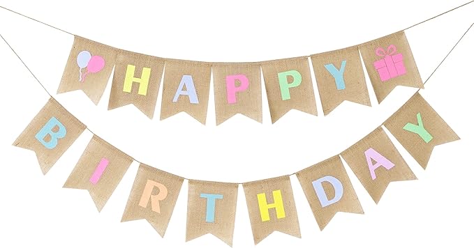 HUIHUANG Happy Birthday Burlap Banner - Colorful Pastel Bunting Banner Garland Flags for Rustic Birthday Party Decorations
