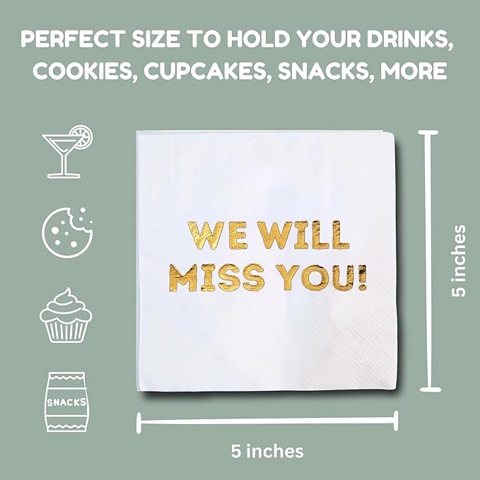 We Will Miss You Cocktail Napkins - 50 Pack White - Farewell, Going Away, Retirement Party Decorations Supplies, Coworkers Leaving Goodbye, Military Army Good Luck, Moving Celebrations