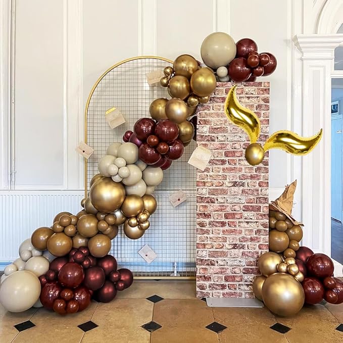 137PCS Magical Balloon Arch Garland Kit, Burgundy Gold Brown White Balloons with Golden S-Wing Foil Balloons, for Magic Birthday Party Decorations, Baby Showers, and Fantasy-Themed Parties