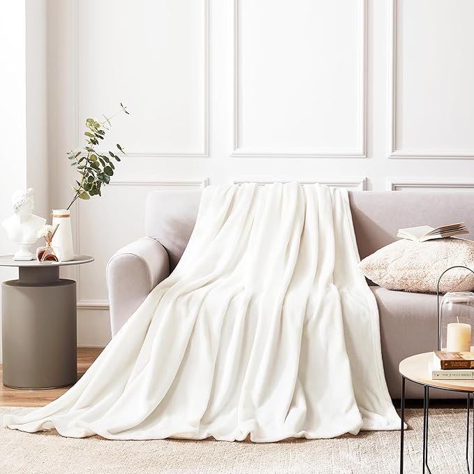 Hansleep Flannel Fleece Throw Blanket Twin Size, Super Soft Fluffy Bed Plush Blanket Throw, Luxury Fuzzy Cozy Couch Blanket for All Seasons, White, Twin 60x80