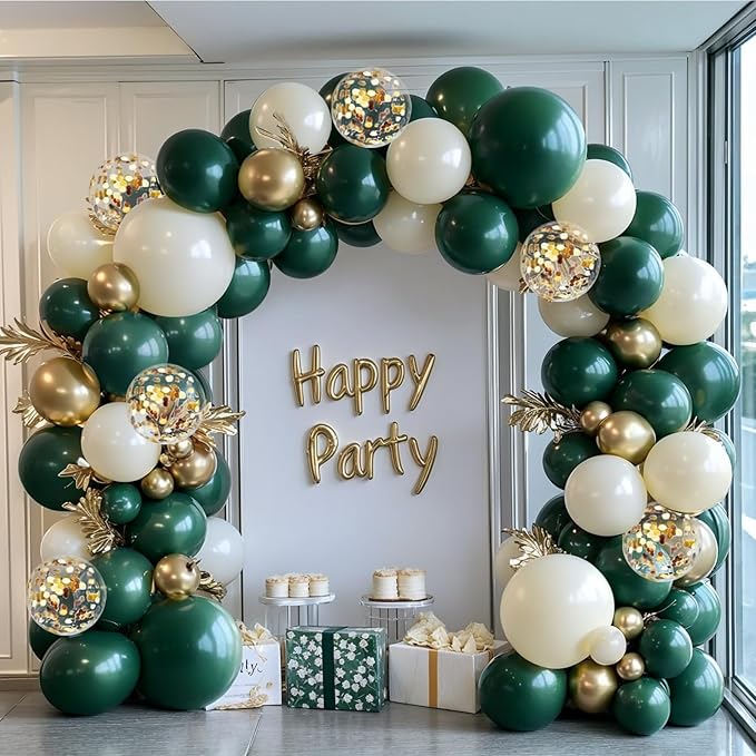 Emerald Green and Gold Balloons Arch Kit, Double Stuffed Dark Hunter Forest Green Pearl Sand White Metallic Gold Balloons for Jungle Wedding Birthday Graduation Party St. Patrick's Day Decorations
