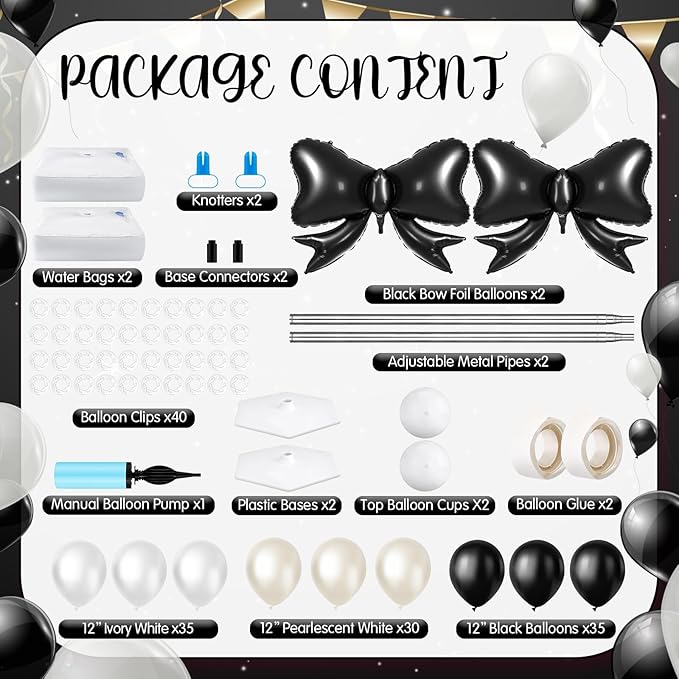 Kasyat 2 Sets Black Bow Balloon Column Stand Kit with 2 Black Bow Foil Balloons 100 Latex Balloons, Adjustable Stands Black and White Balloon Garland Arch for Bridal Princess Birthday Coquette Party