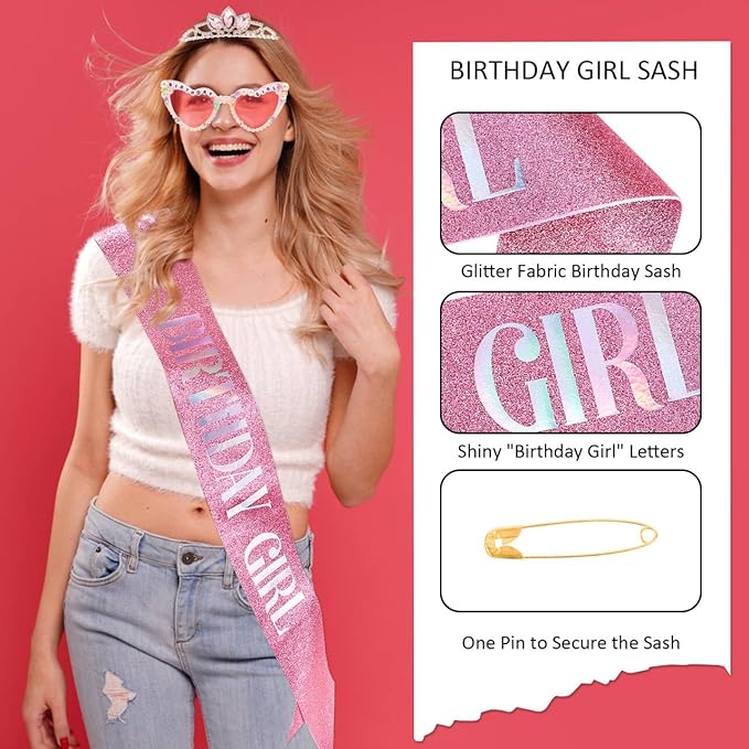 Birthday Girl Sash, Birthday Sash for Girls and Women with Birthday Glasses (Tiara,sash,glasses)