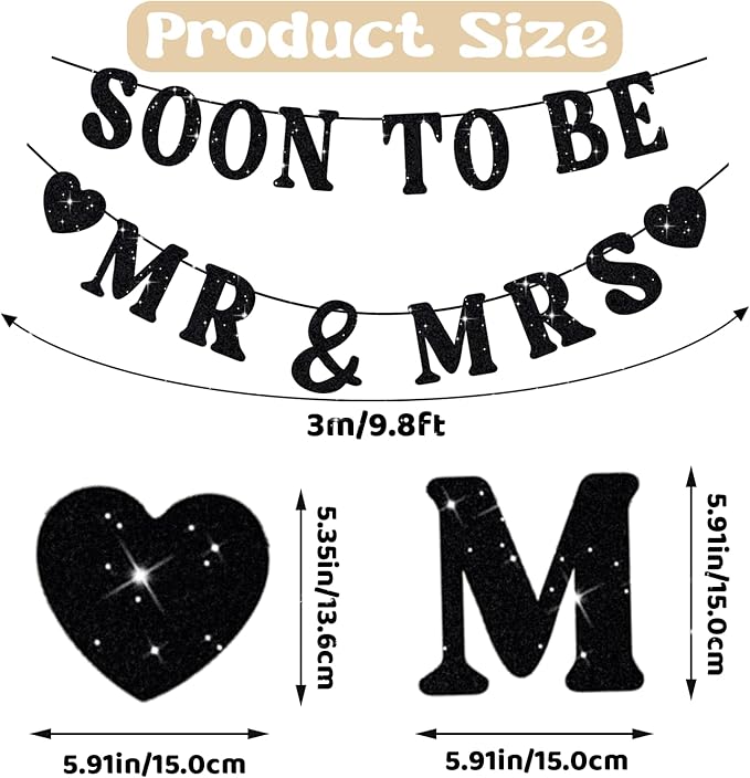 Soon To Be Mr & Mrs Sign, Bridal Shower Banner, Pre-Strung Black Glitter Wedding Shower Decorations, Couples Shower Decorations for Mantle Hanging Sign Engagement Banner