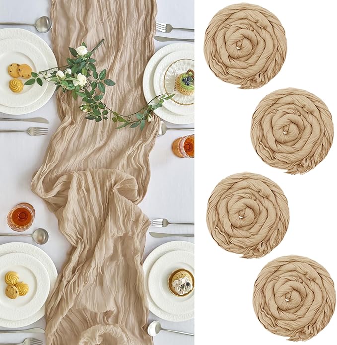 IVAPUPU 4 Pcs Cheesecloth Table Runner - 10ft Nude Easter Spring Boho Gauze Cheese Cloth Table Runners for Baby Shower Decoration Wedding Party Garden Farmhouse