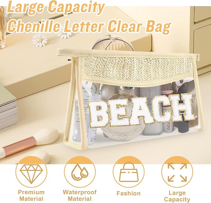 2Pcs Boho Patch SPF Bag Clear Makeup Letter Bag, Waterproof Zipper Make up Bags Toiletry Pouch for Women Girls, Clear Letter Patch Cosmetic Bags Transparent Organizer Pouch for Travel(SPF, Beach)