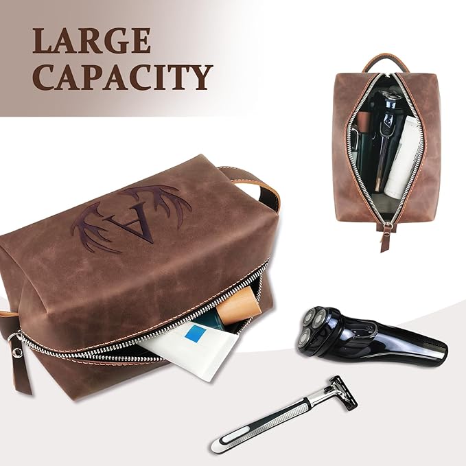 Personalized Mens Travel Toiletry Bag Engraved Initial Letter PU Leather Waterproof Shaving Bag Cool Boss Colleague Friends Brother Gifts Storage Bags Fathers Day Birthday Gifts for Men (T)