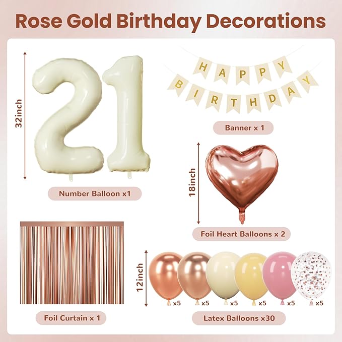 21st Birthday Decorations for Girl, Finally 21 Party Supplies, Retro Sand White and Cream Balloon Garland Kit, Cream Number 21 Balloon, Pink Happy Birthday Banner