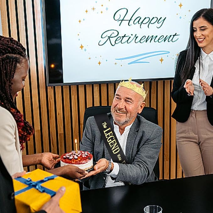 Semato Retirement Sash and Crown Kit for Men: King Crown, Retired Sash, Gold, One Size, Adult Men's Retirement Decorations