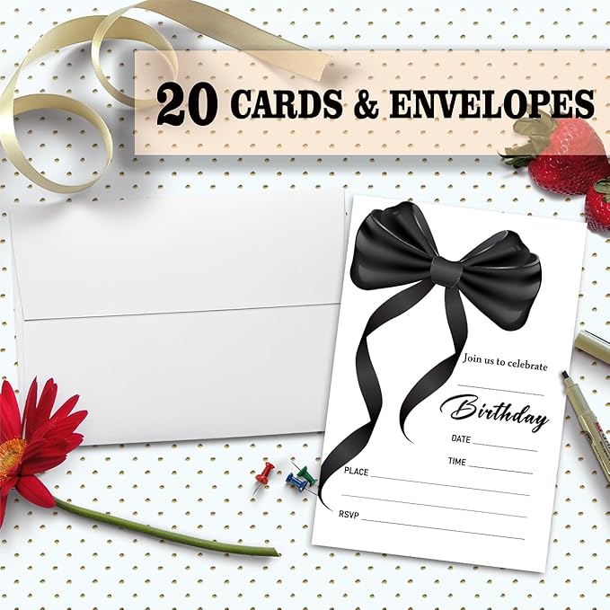 Black Bow Birthday Invitation Cards For Girls Adult Teens, Birthday Party Supplies Favors, 20 Fill-In Invitation Cards with Envelopes -01