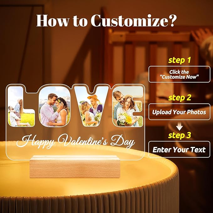 Custom Picture Frames with Photo, Personalized Photo Frame with Night Light, Customized Gifts for Girlfriend Boyfriend, Personalized Anniversary Couples Gifts for Women Men Her Him Mom Dad