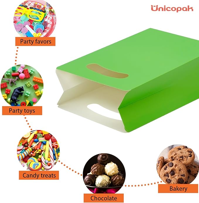 UnicoPak 16 Pack Green Party Favor Bags - 6×3×9” Premium Matte Green Goodie Bags for Pixel Gaming, Jungle Safari, St. Patrick's Day - Sturdy Paper Gift Bags with Handles, Customizable for Treats & Cookies