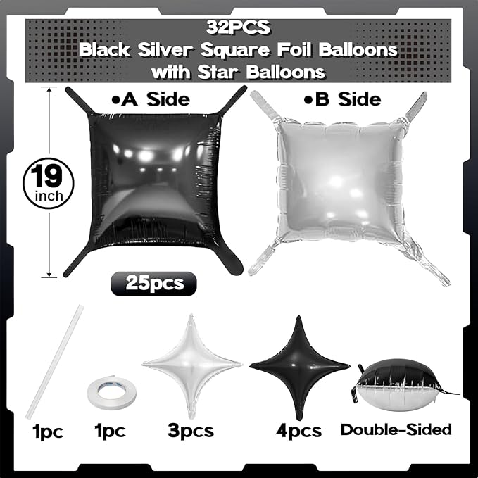 32PCS Black and Silver Square Foil Balloons Wall, Double Sided Metallic Silver Black Checkered Square Balloon Backdrop Flat Tunnel with Star Balloon Background for Disco Birthdays Graduation New Year