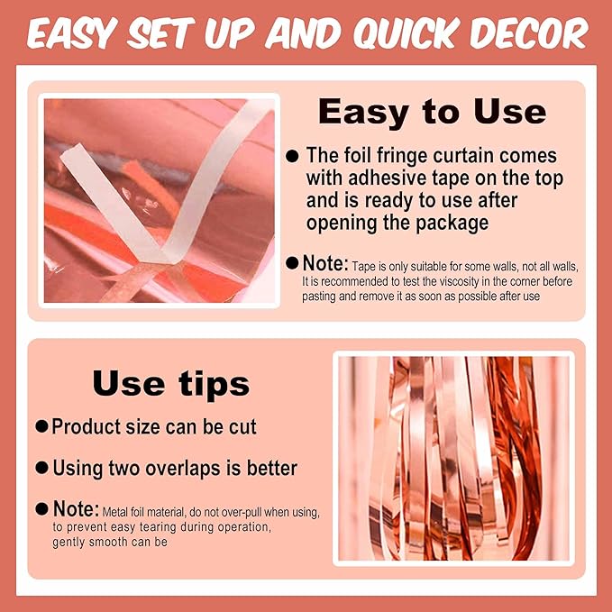 3 Pack Rose Gold Foil Fringe Curtains Backdrop, 3.28 x 8.2 Ft Metallic Streamers Tinsel Curtains Background for Photo Booth, Birthday, Halloween, Christmas, Thanksgiving, New Year Party Decorations