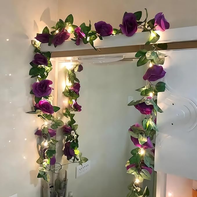 BLEUM CADE 12Pcs 98.4Ft Flower Garland Artificial Rose Vines with 98.4Ft String Lights, Cute Fake Hanging Flower Vines Floral Garland Decorations for Wedding Party Wall Room Decor Aesthetic