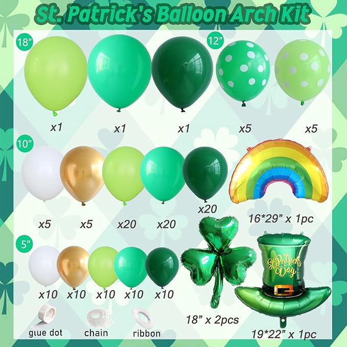 St. Patrick's Day Balloon Garland Arch Kit,Green Gold White Balloons Lucky Shamrock Clover Rainbow Hat Foil Balloons for Happy St. Patrick's Day Decorations Irish Festival Birthday Party Supplies