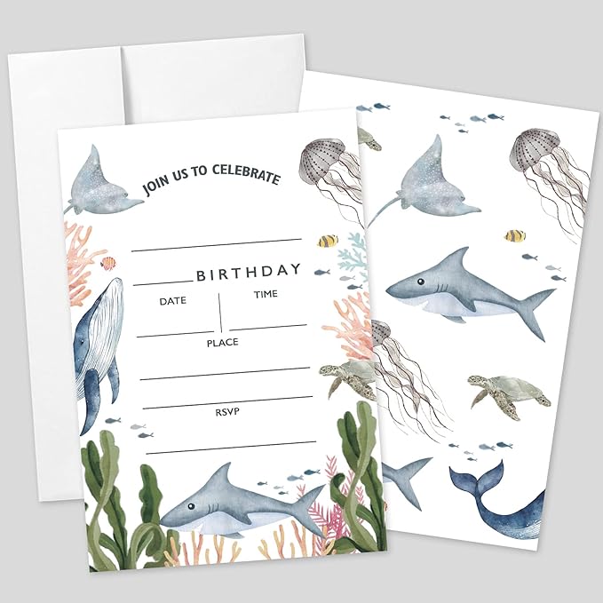 AEHIE 20 Sets Under the Sea Birthday Party Invitations With Envelopes, Sea Creatures Whale Turtle Shark Jellyfish Double-sided Printed Birthday Party Invite Cards for Kids & Adults