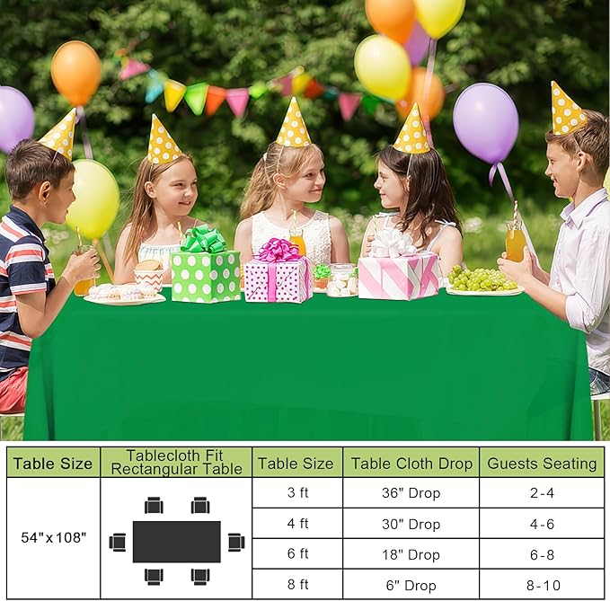 Smiry Disposable Table Cloth - 6 Pack, 54 x 72 Inch Waterproof Rectangle Tablecloths for Parties, Decorative Plastic Table Cover, Leakproof & Sturdy, Green