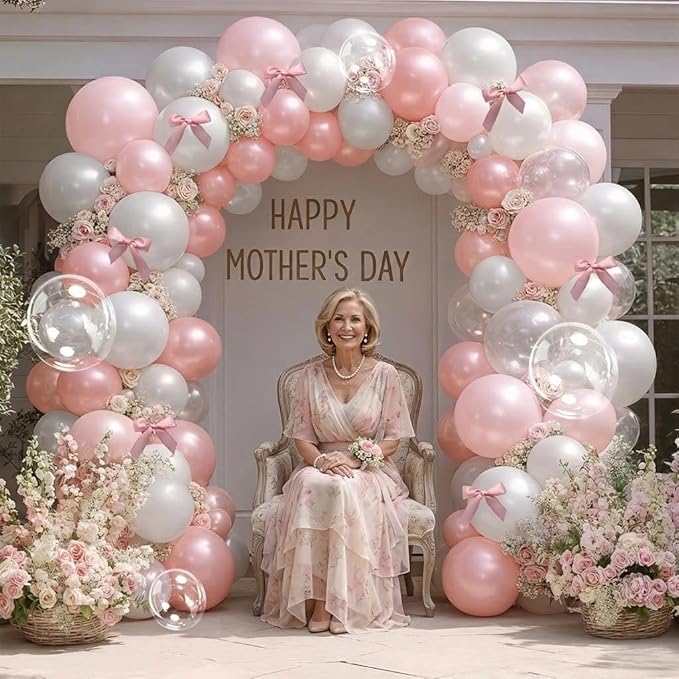 Light Pink White Balloon Arch-Double Stuffed Pastel Baby Pink White Pearl Balloons with Bow Clear Balloon Arch Kit for Birthday Baby Shower Bridal Wedding Mother's Day Party Decorations