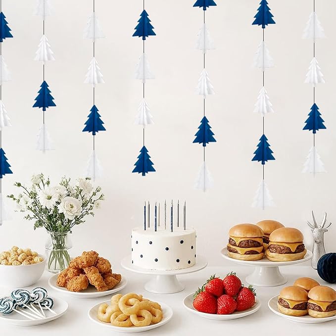 Navy-Blue White Silver Christmas Decorations - 2Pcs 3D Christmas Tree Paper Streamers Party Banner Garland Hanging Decor HongTongTong