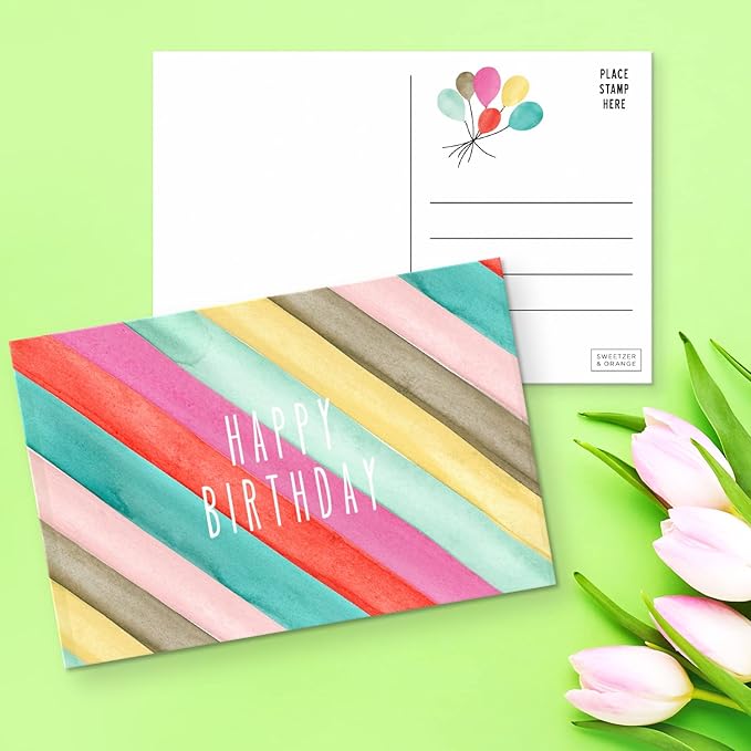 Sweetzer & Orange Happy Birthday Postcards Pack (60 Post Cards) 4x6”decor pages for Kids and Adults. 300gsm Note Sheets. party flyers Assortment Greeting flyers, Blank Birthday decor sheets