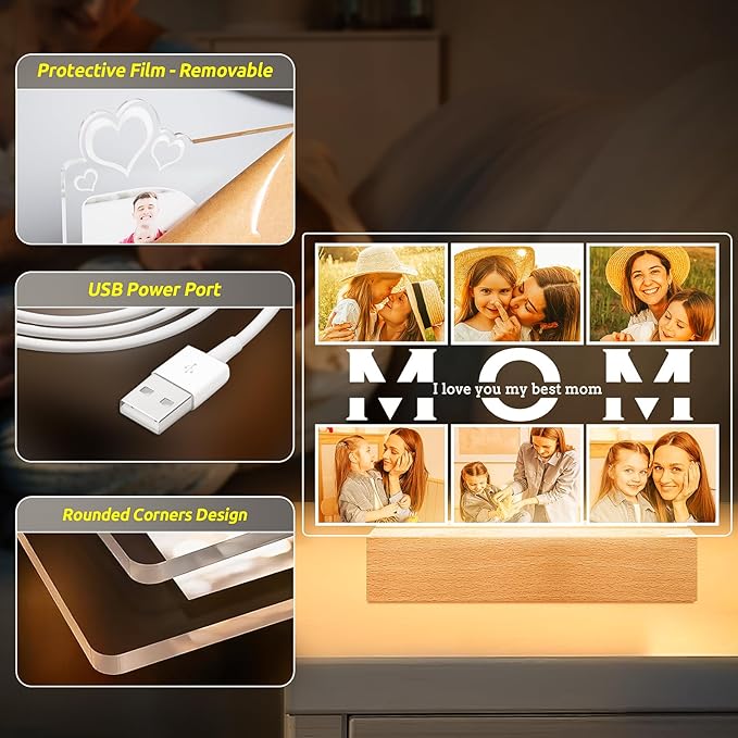 Custom Picture Frames with Photo, Personalized Photo Frame with Night Light, Customized Picture Frames, Customized Birthday Gifts for Mom, Personalized Mothers Day Gifts for Mom Baby Kid Family