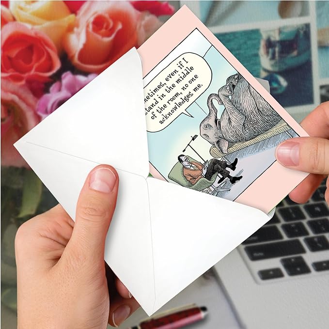 NobleWorks - 1 Funny Cartoon Birthday Greeting Card - Comic Humor, Happy Birthdays Celebration Card - Elephant in Room C9289BDG