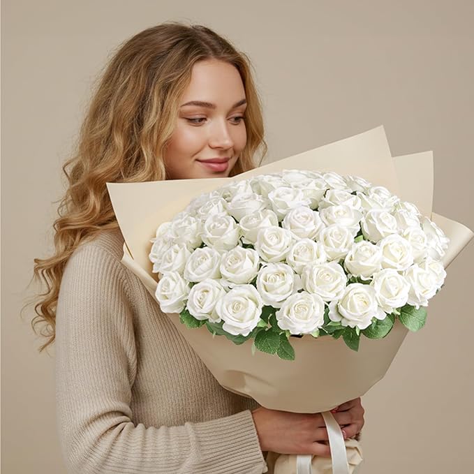 Auihiay 64PCS White Roses Artificial Flower, Fake Silk Roses, Artificial Roses Bulk for Wedding Decorations Table Centerpieces, Mother's Day Valentine's Day Home Decor