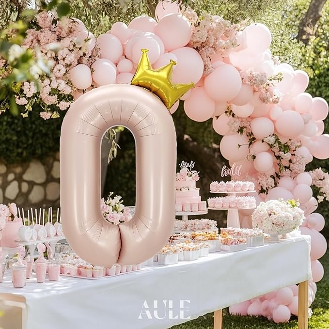 AULE 40 Inch Big Pink 0 Balloon Number with Crown Large Foil Helium Number Balloons 0-9 Jumbo Giant Happy Birthday Party Decorations Huge Mylar Anniversary Party Supplies