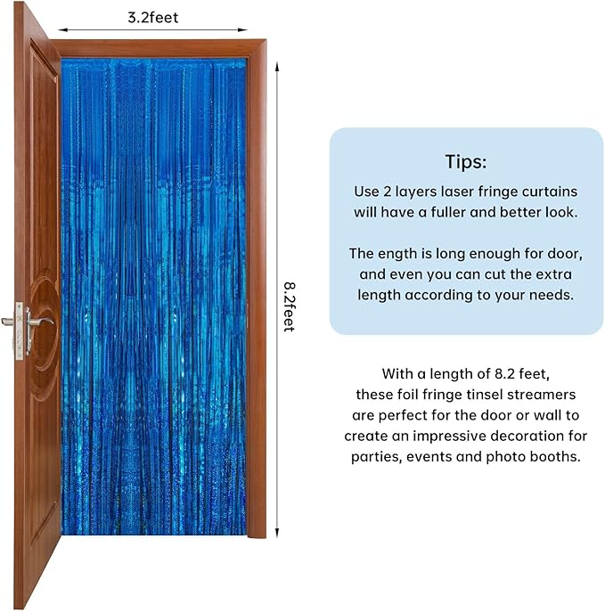 2 Pack 3.3 x 8.2 ft Tinsel Foil Fringe Curtain Backdrop, Upgraded Blue Glitter Metallic Streamers Backdrop Curtains for Birthday Parties, Baby Shower, Under the sea, Ocean Mermaid Party Decorations