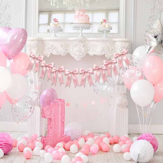 2 Strings of 16PCS Pink Bow Garlands Banner Decoration,Pre-Strung Satin Ribbon Ornaments for Birthday,Bachelorette Party,Bridal Shower, Wedding,Engagement,Baby Shower, Graduation Deco,Anniversary