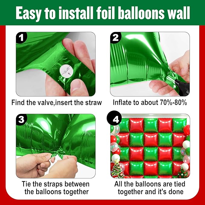 50Pcs Red and Green Square Foil Balloons Wall Backdrop, Double Sided Metallic Foil Balloons Tunnel Arch Garland Kit for Photo Booth Birthday Wedding Halloween Christmas Party Decorations