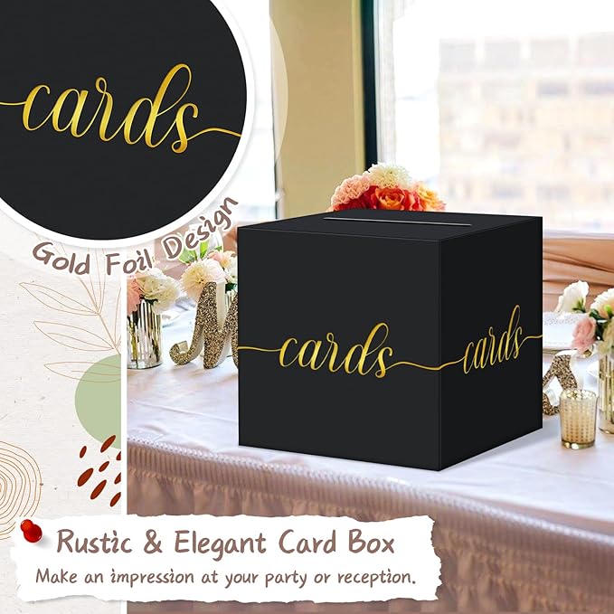 QIKSION Black Graduation Card Box, Gold Foil Gift Card Box for Party Decorations, Wedding Reception, Birthday, Baby & Bridal Shower, Anniversary, Retirement