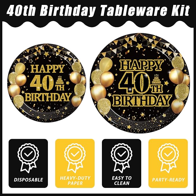 96Pcs 40th Birthday Party Tableware Set, Back in 1986 Birthday Party Decorations Supplies for Men Women Cheers to 40 Years Birthday Party Dessert Plates Napkins Forks Favors, Serve 24