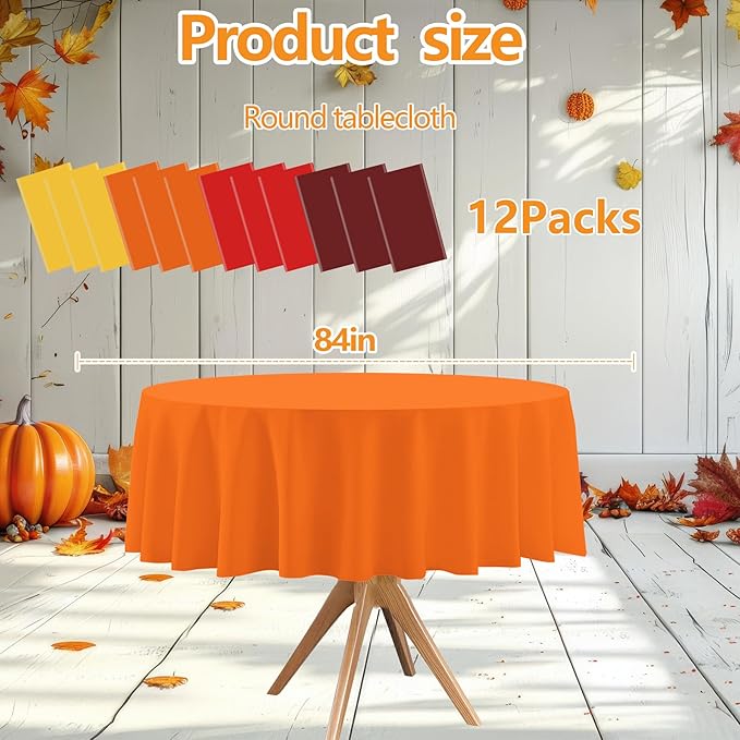 12 Pack Fall Plastic Round Tablecloths–84 Inch Disposable Autumn Table Covers in 4 Colors (Red,Orange,Yellow,Brown),Thanksgiving Harvest Party Decorations for Home Events