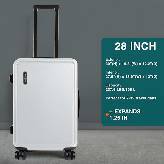 TRAVELARIM Luggage Sets 2 Piece, 24 Inch Suitcase and 28 Inch Luggage with Spinner Wheels, Durable Hard Shell Suitcase Set, Expandable Travel Suitcases with Wheels, White