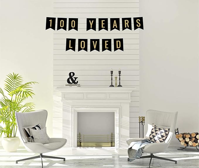 Andaz Press Faux Gold Glitter on Black Birthday Party Banner Decorations, 100 Years Loved, Approx 5-Feet, 1-Set, 100th Birthday Milestone Colored Hanging Pennant Decor
