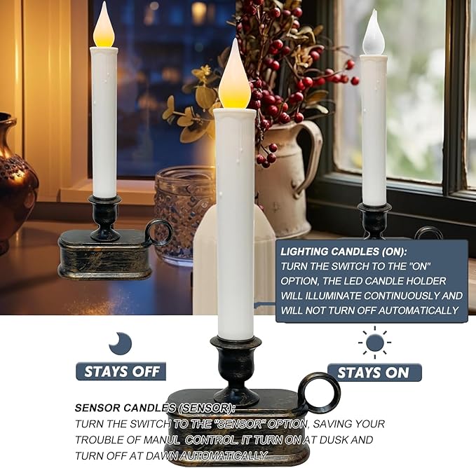 GOOTHY Set of 4 Battery Operated LED Window Candles, Dusk to Dawn Light Sensor, Flicker Flame Christmas Window Candles with Bronze Base, 10 Inch Flameless Taper Candle for Table Bedroom Christmas