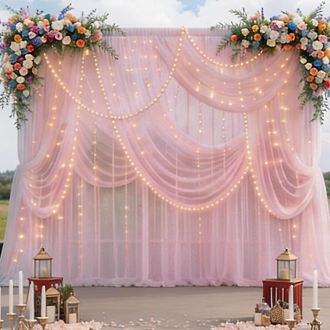 Pink Tulle Backdrop Curtains with Lights, Elegant Sheer Photo Backdrop Drapes, Soft Fabric & LED Curtain for Wedding Brithday Parties Photoshoot Background Decor, 10ftx8ft