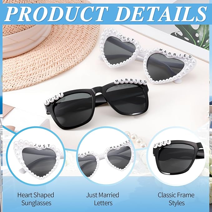 JATEBI Heart Bride and Groom Sunglasses for Wedding Day Just Married Sunglasses Honeymoon Accessorie Wedding Decoration