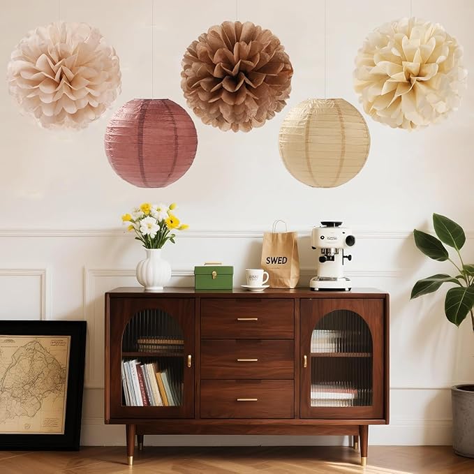 Boho Brown Champagne Beige Paper Flowers Tissue Pom Poms Honeycomb Lanterns 15pcs Party Decorations Fall Thanksgiving Rustic Wedding Baby Shower Neutral Birthday Autumn Hanging Supplies Decor
