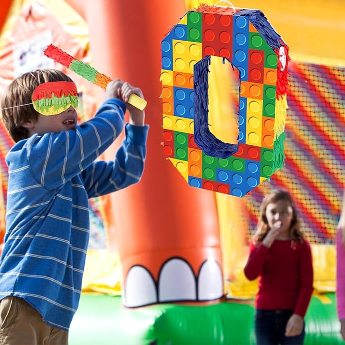 Number 0 Pinata Building Blocks with Pinata Stick Blindfold 10th Birthday Party Decorations for Kids Happy Birthday Building Block Theme Anniversary Party Supplies (Small, 16 x 10.6 x 3 In)