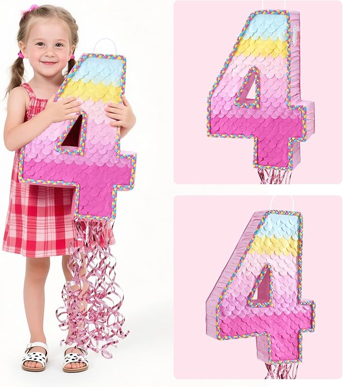 WERNNSAI Pink Sweet Four Piñata - Number 4 Piñata Happy Birthday Decoration Pink Rainbow Design Party Games for Girl Princess Baby Shower Party Favor with Blindfold Anniversary Celebration Supplies