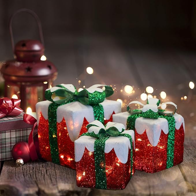 MorTime Set of 3 LED Boxes with Green Bows, Lighted Red Boxes with 60 LED Light String for Christmas Indoor Outdoor Home Yard Party Decoration