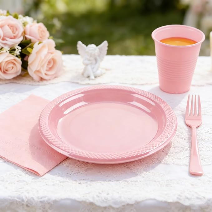Pink Plastic Party Plates Set, Disposable Light Pink Plates and Napkins for Party, 50 of Each 9" Dinner Plate, Napkins, Cups & Cutlery Plastic Party Supplies for Birthday, Baby Shower, Wedding