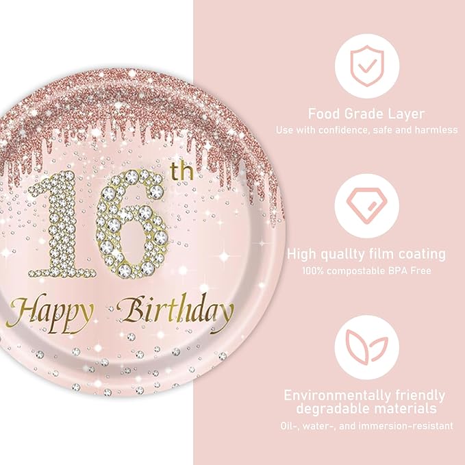 121Pcs 16th Birthday Party Supplies Plates Napkins Cups Forks Tablecloth Rose Gold Happy 16th Birthday Themed Disposable Tableware Decorations Serves 24 Guests for Girls 16 Years