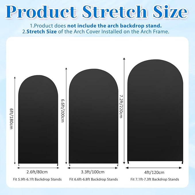 3-Piece Arch Backdrop Cover, Stretchy Spandex Wedding Arch Covers 6FT, 6.6FT, 7.2FT for Round Chiara Arch Stand, Black Arch Cover for Photo Background Birthday Party Banquet Ceremony Decor