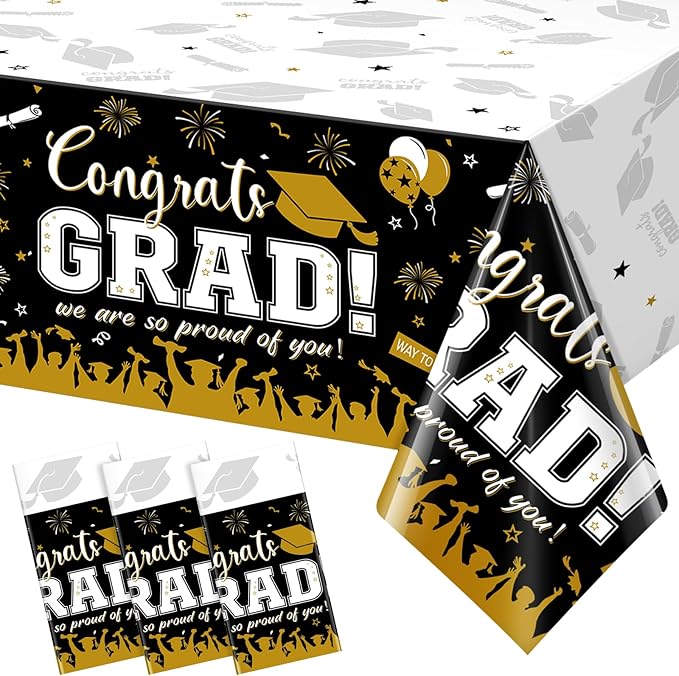 3 Pack Graduation Tablecloth Party Decorations, Class of 2026 Congrats Grad Plastic Tablecover Party Supplies, Black and Gold Rectangle Graduation Table Decor for College High School Party, 54x108Inch