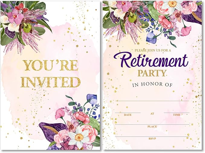 Soiceu Floral Retirement Party Invitations with Envelopes Set of 20 Elegant Flowers Retirement Dinner Party Invites